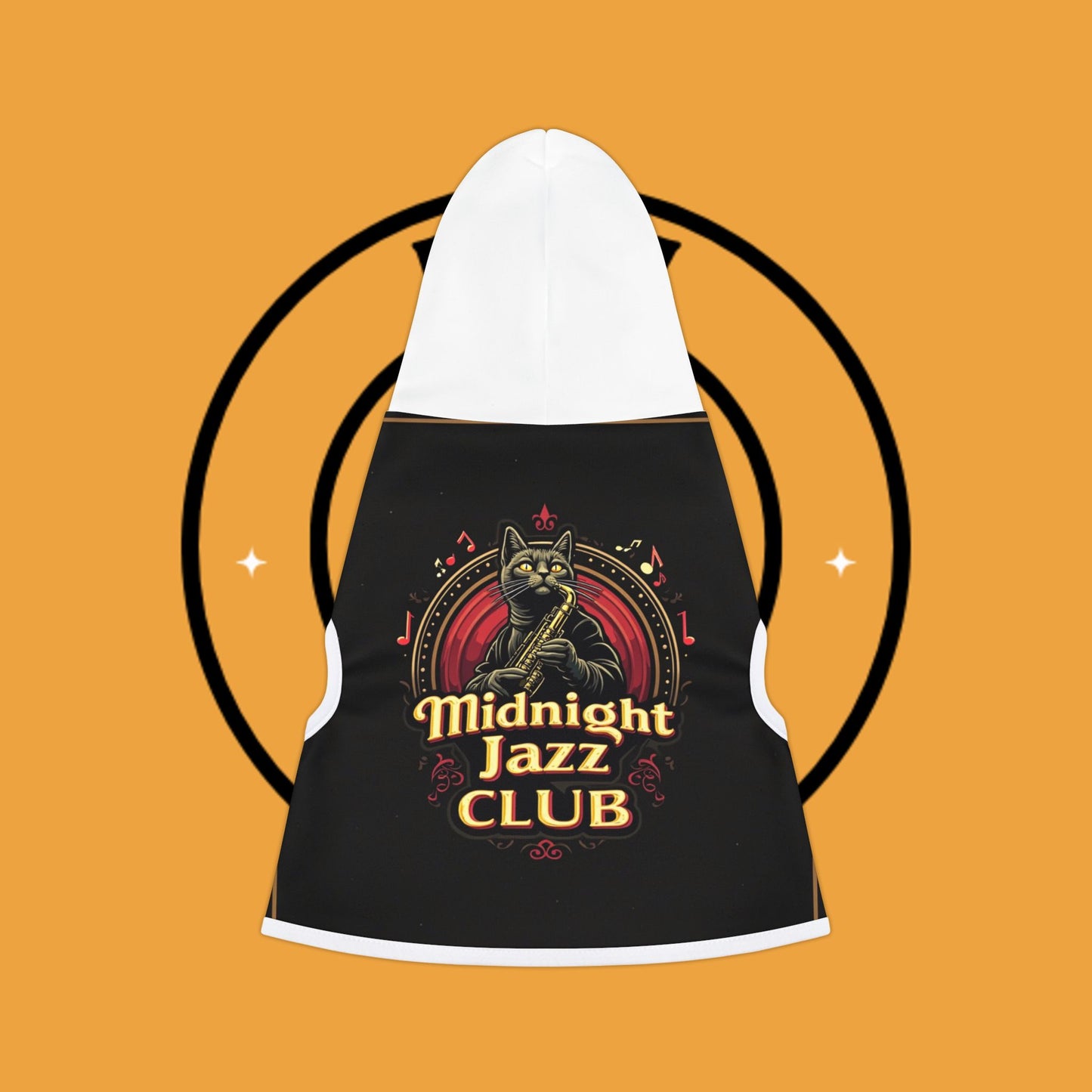 Midnight Jazz - cat playing saxo - Vintage Pet Hoodie - Cute & Comfy Dog & Cat Apparel for Happy Pets