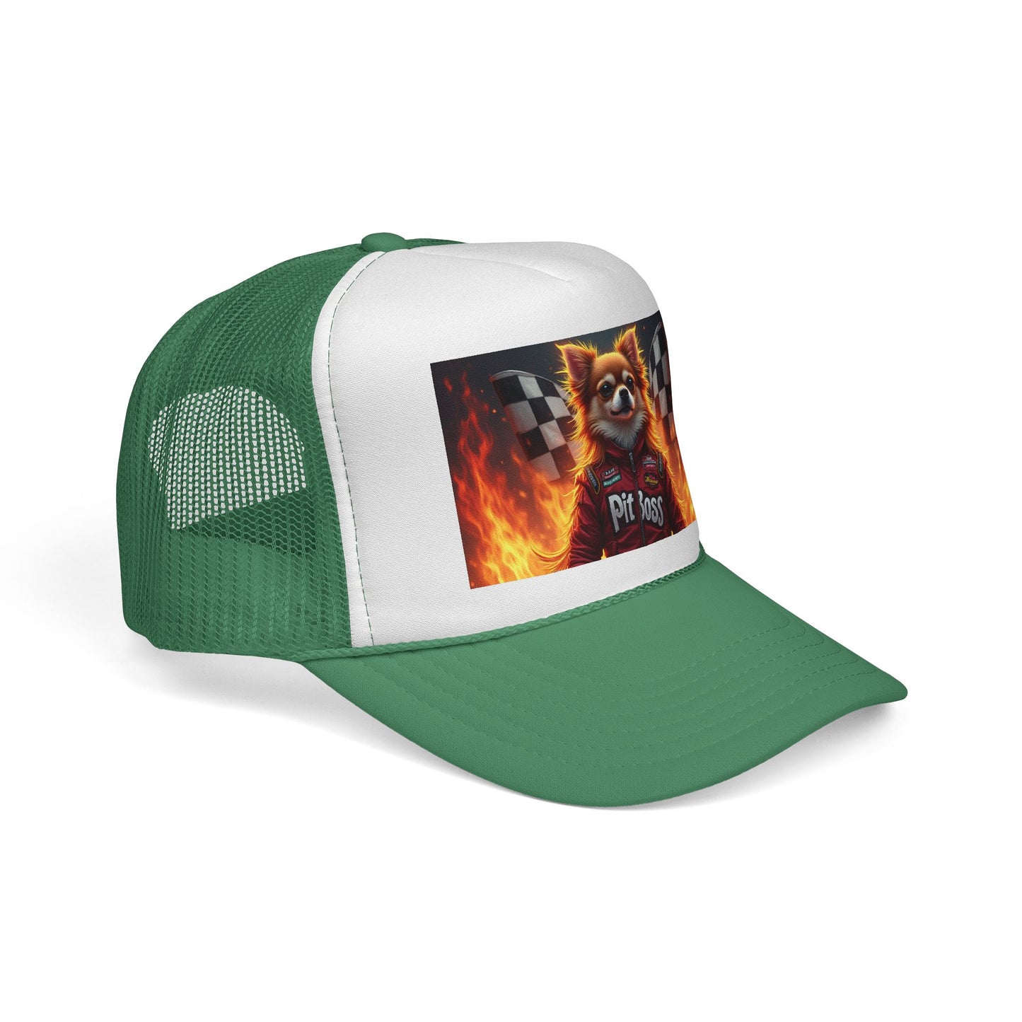 Pit Boss Chihuahua Racing Trucker Hat - Checkered Flag Fire Cap | Motorsports Dog Lover Speed Racing Baseball Hat