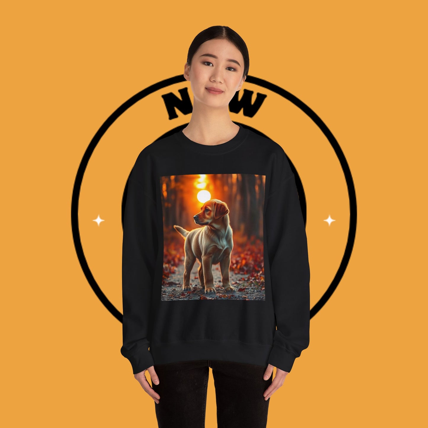 Crewneck Sweatshirt - Labrador Puppy in Autumn Forest with Golden Sunset Light Design
