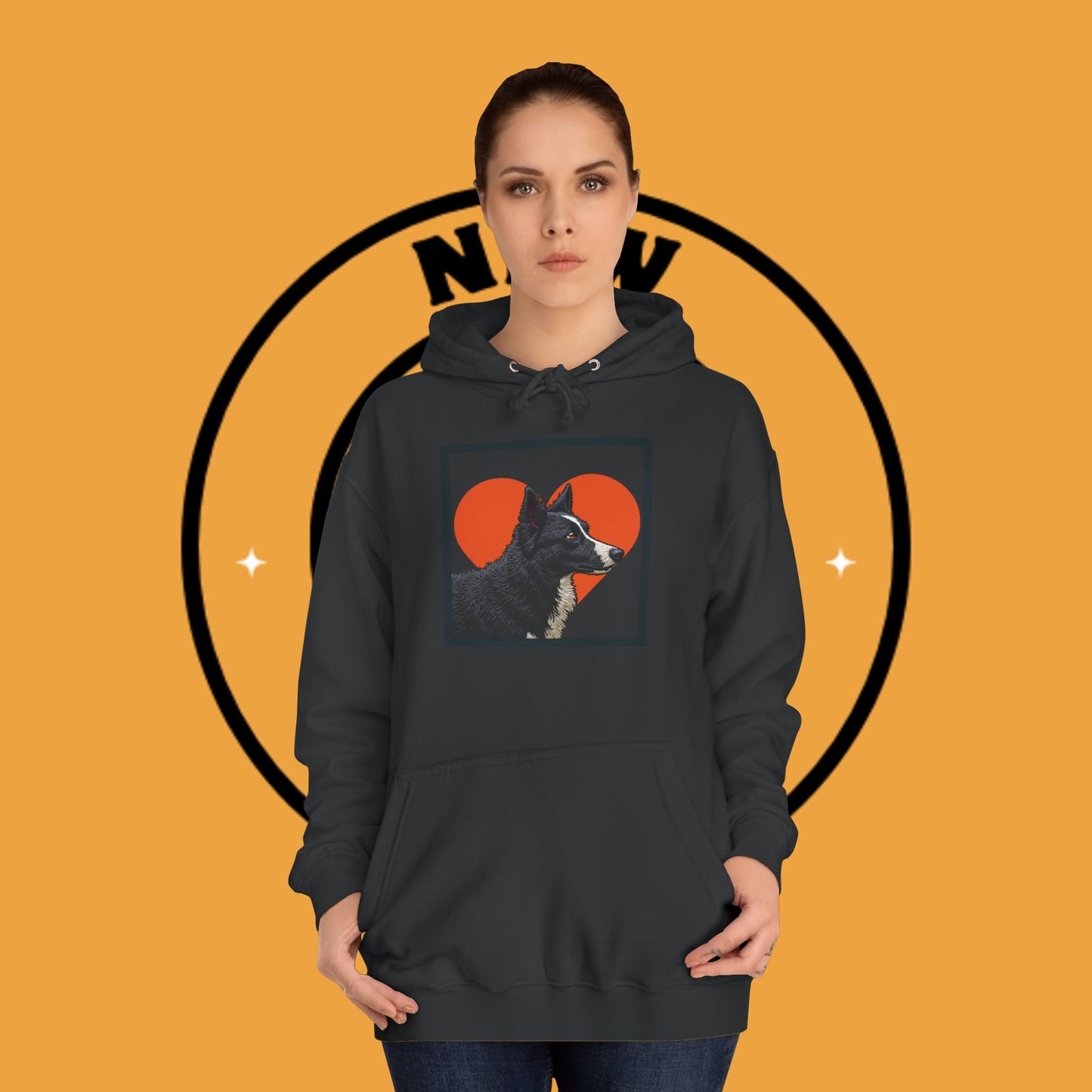"Black & White Border Collie Portrait Hoodie - Bold Red Heart Background Dog Lover Sweatshirt | Premium Art Design"