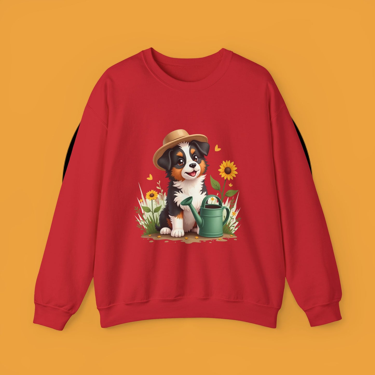 Garden Dog Crewneck Sweatshirt - Cute Puppy Gardener with Sunflowers Design | Green Thumb Gift