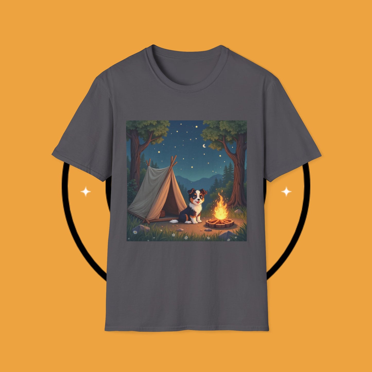 "Camping Adventure Border Collie" - Outdoor Adventure Dog T-Shirt - Border Collie Camping T-Shirt - Outdoor Adventure Dog Under Stars Tee | Nature Lover Pet Gift