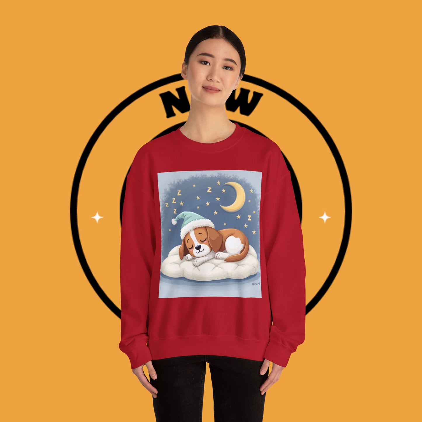 Sleeping Dog Crewneck Sweatshirt - Cute Beagle Design with Moon and Stars