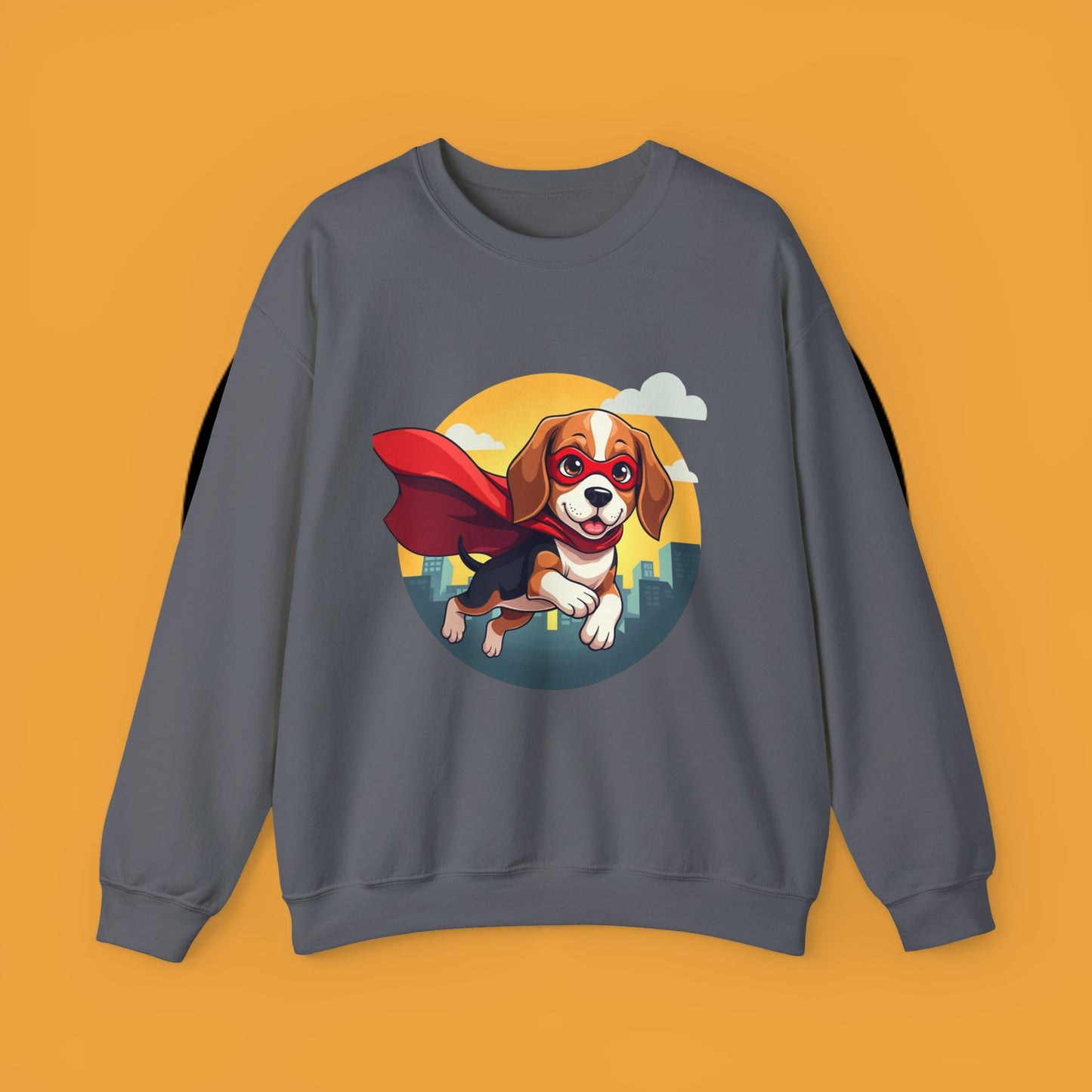 Superhero Dog Crewneck Sweatshirt - Flying Beagle Design with Red Cape and Mask