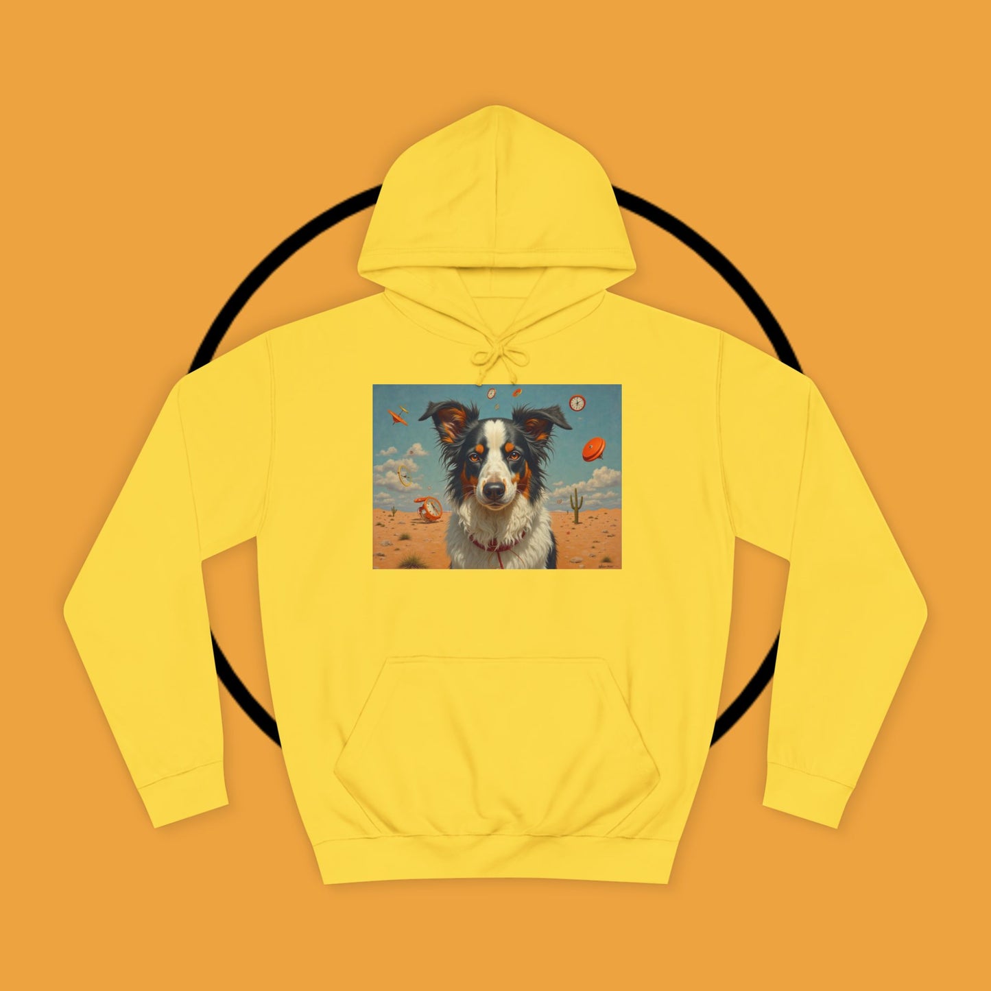 "Surreal Border Collie Time Desert Hoodie - Flying Clocks Artistic Dog Sweatshirt | Dreamlike Fantasy Design"