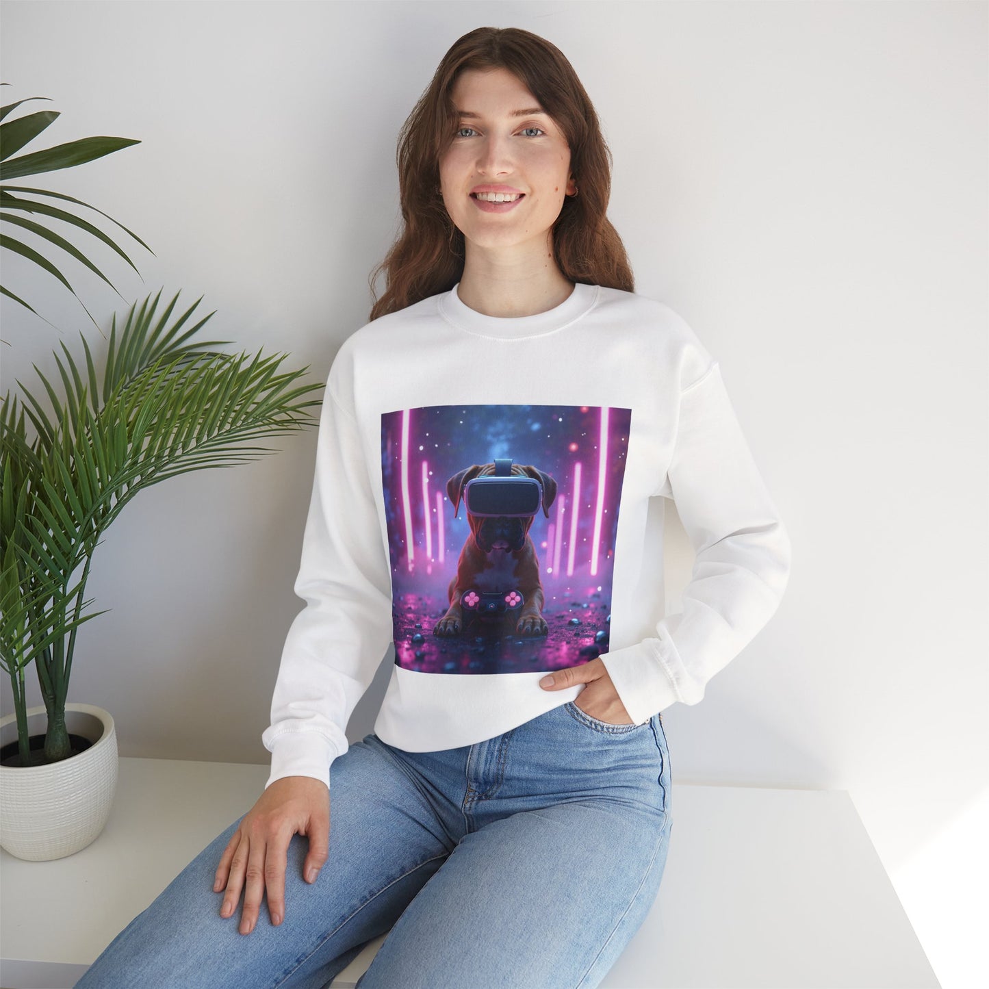 VR Gaming Boxer Dog Crewneck Sweatshirt | Funny Gamer Gift | Virtual Reality Puppy Design