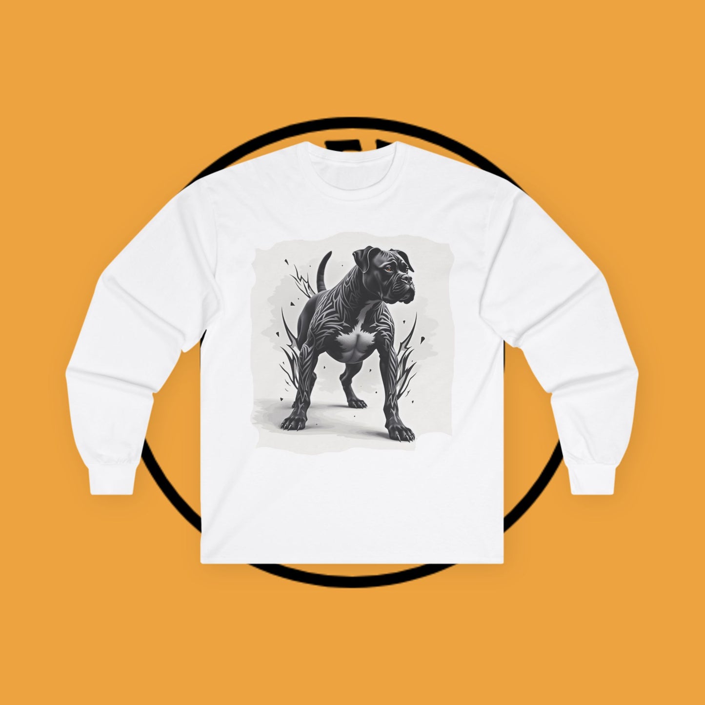 Tribal Tattoo Style Boxer Dog Long Sleeve T-Shirt - Bold Black & White Art Design