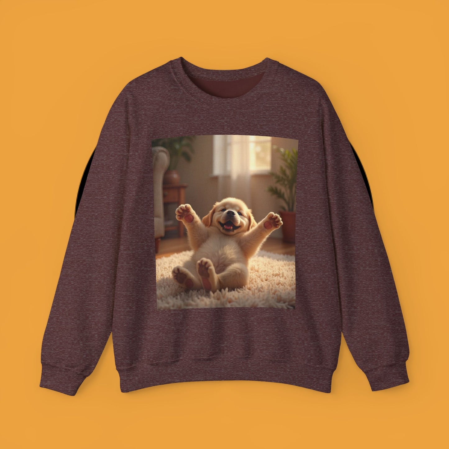 Unisex Dog Lover Crewneck Sweatshirt - Joyful Paws: Yellow Lab Puppy Stretching on Plush Carpet