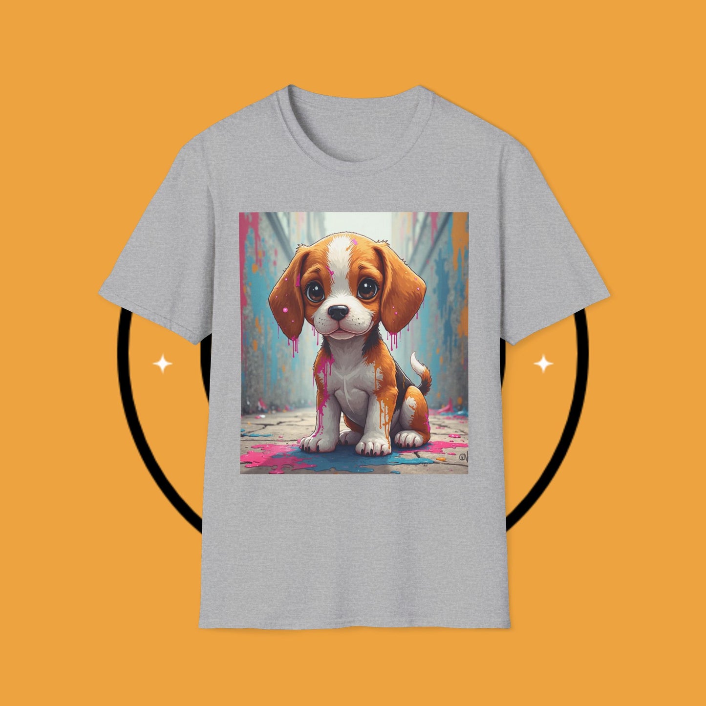 Beagle Street Art T-Shirt - Urban Paint Splatter Dog Design | Artistic Puppy Graffiti Tee for Creative Souls