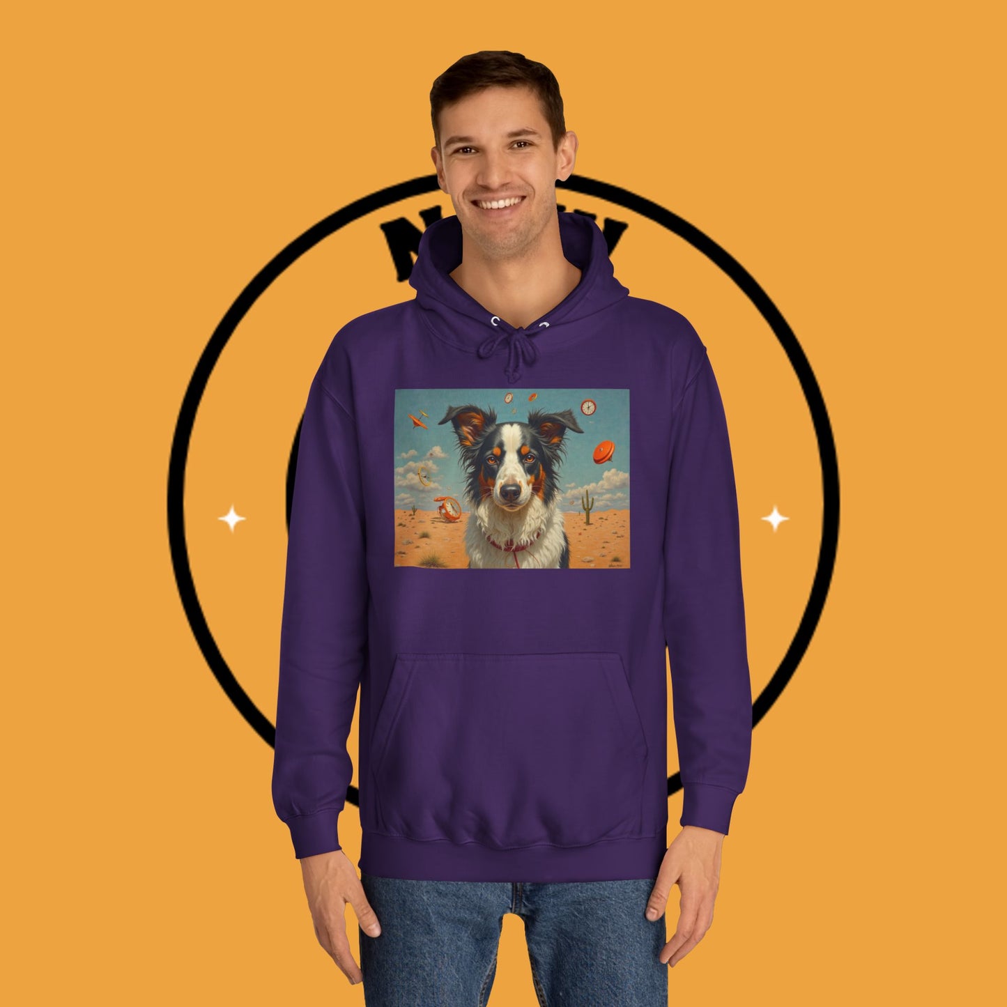 "Surreal Border Collie Time Desert Hoodie - Flying Clocks Artistic Dog Sweatshirt | Dreamlike Fantasy Design"