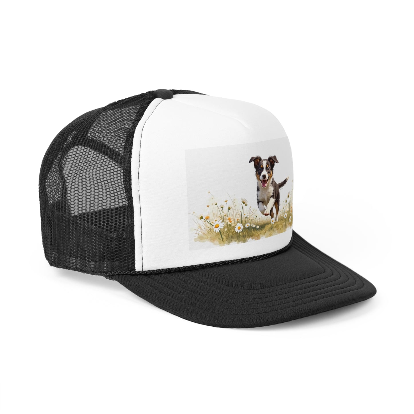 Happy Puppy in Daisies Trucker Hat - Joyful Dog Running Cap - Spring Meadow Baseball Hat