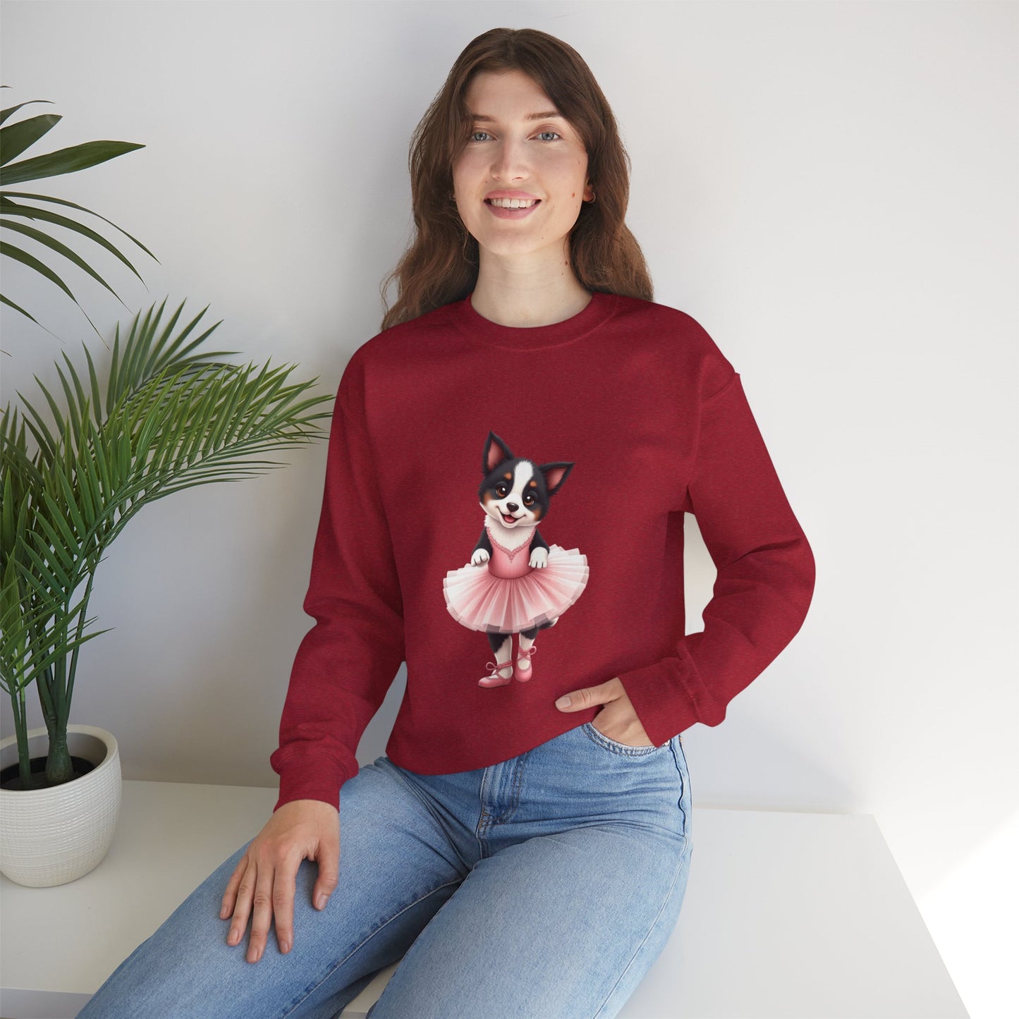 Cute Ballet Dog Crewneck Sweatshirt - Dancing Puppy in Pink Tutu Design | Kawaii Animal Lover Gift