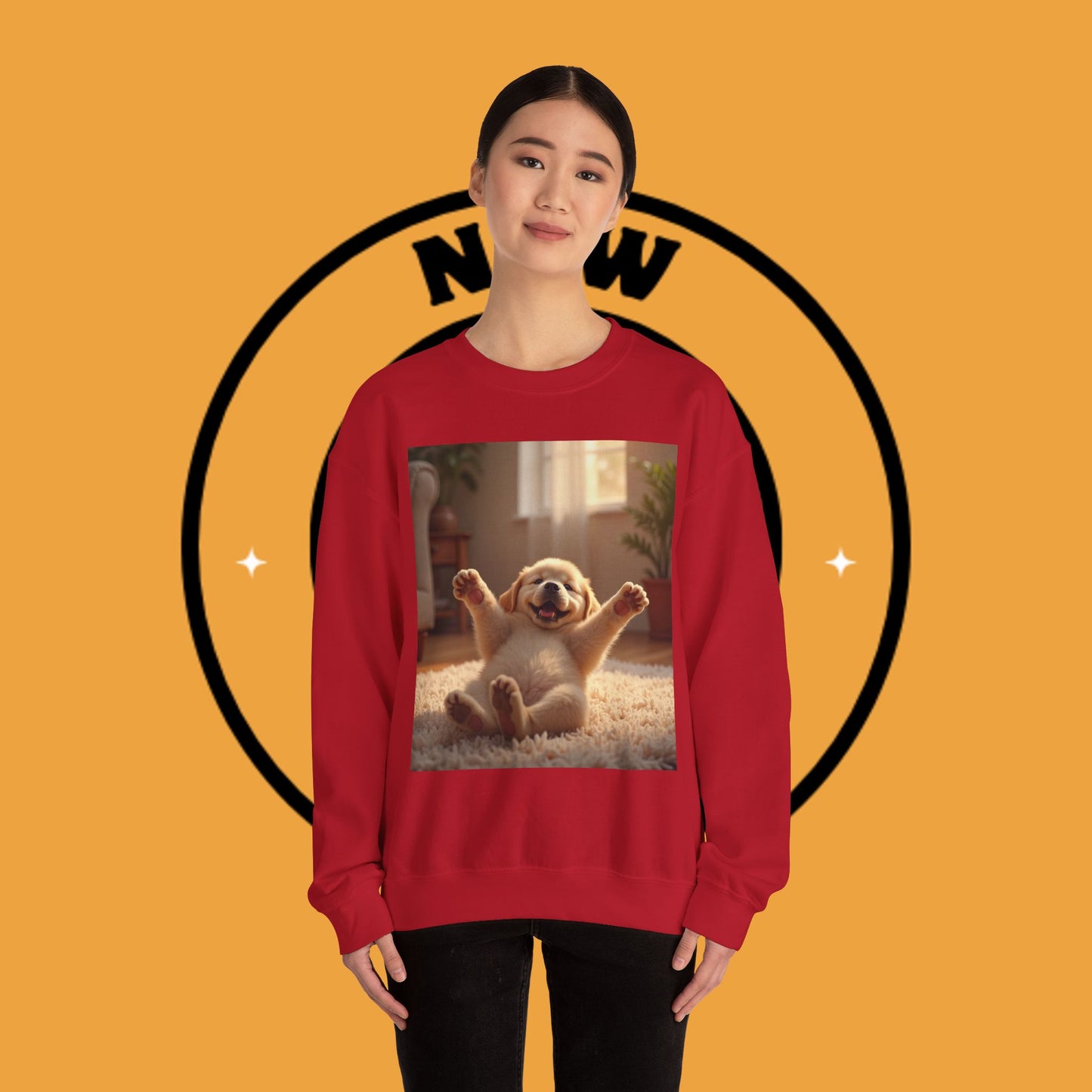 Unisex Dog Lover Crewneck Sweatshirt - Joyful Paws: Yellow Lab Puppy Stretching on Plush Carpet