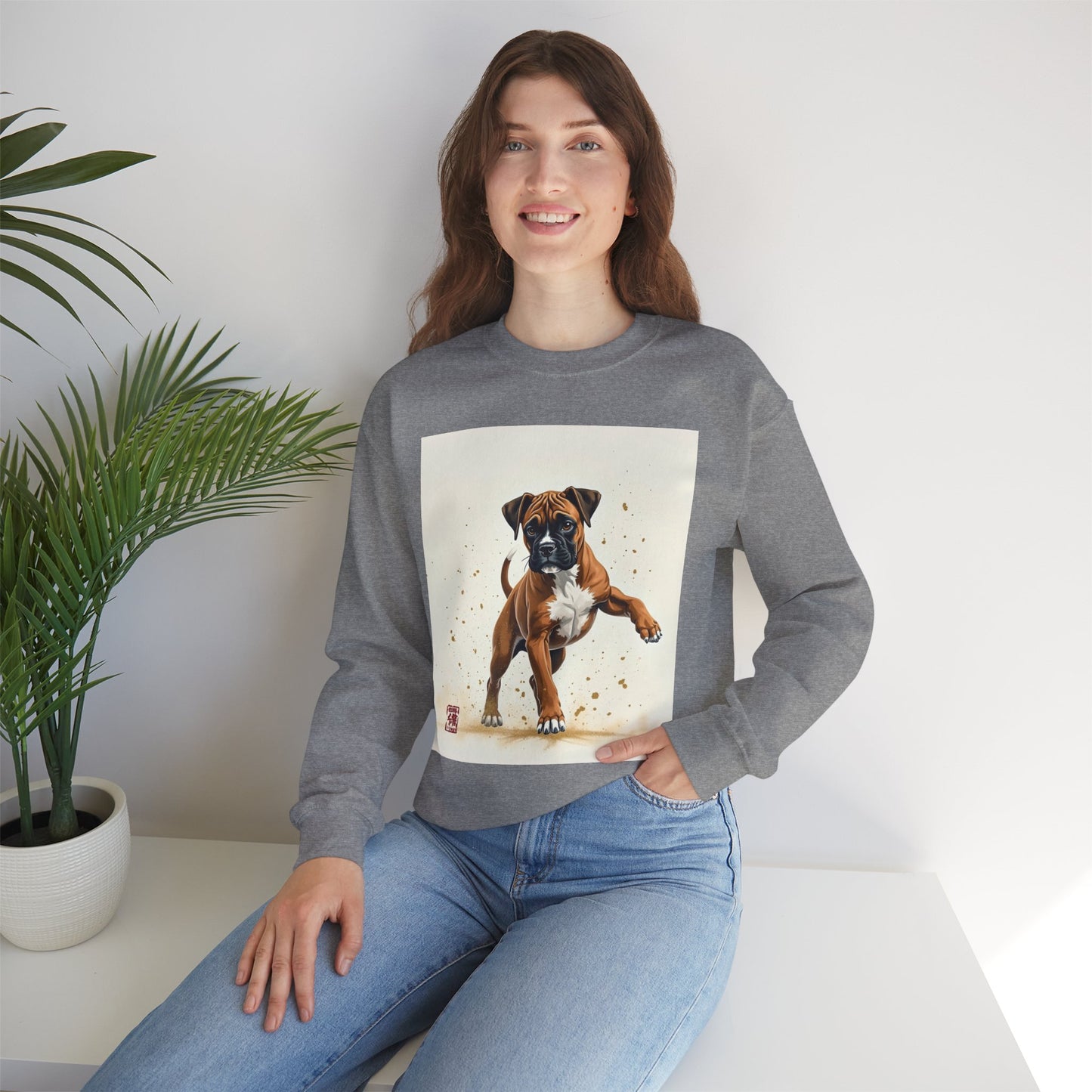 Running Boxer Puppy Crewneck Sweatshirt | Artistic Dog Lover Gift | Dynamic Movement Design