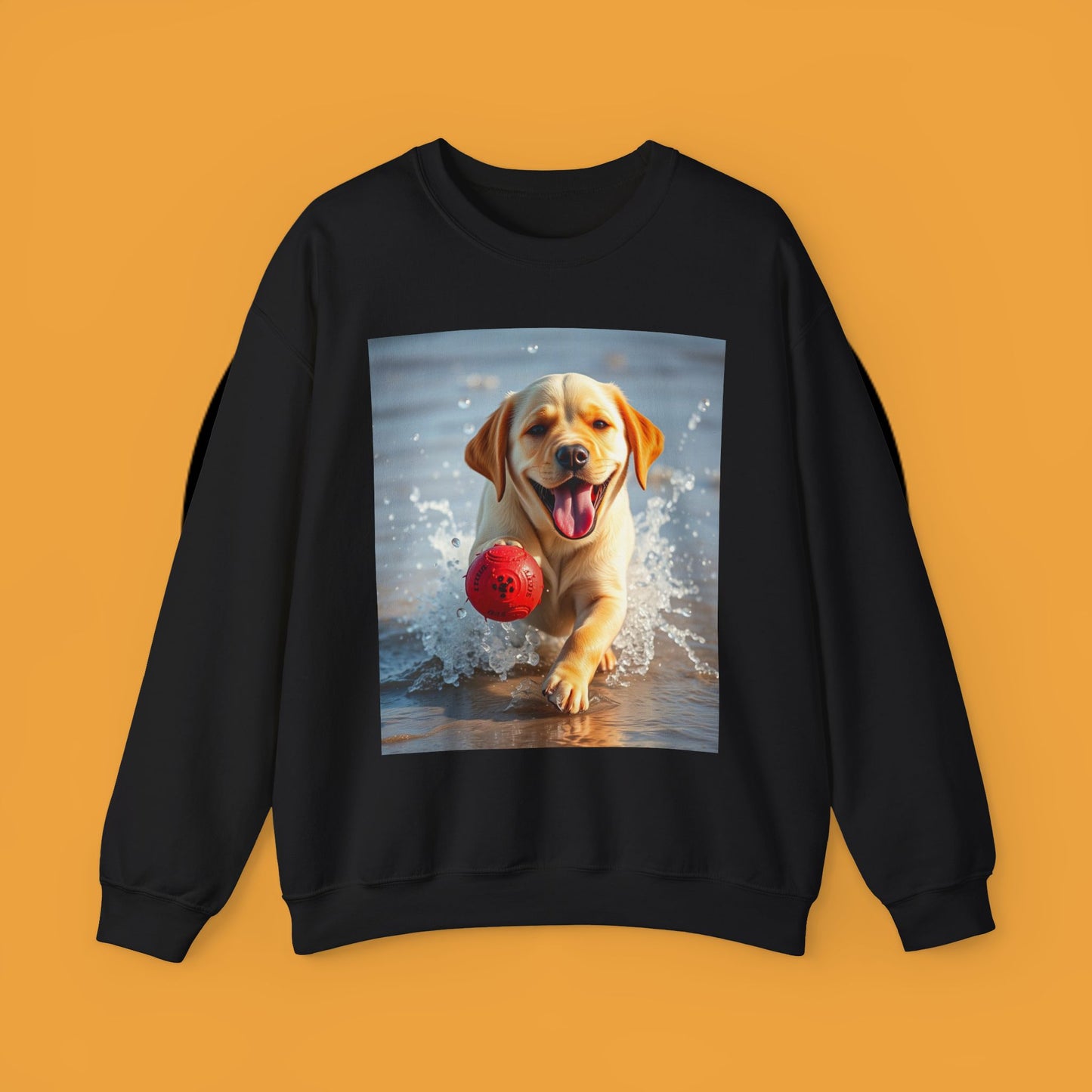 Unisex Dog Lover Crewneck Sweatshirt Labrador Puppy Playing with a Ball on the Beach - Photo of a Happy Dog Running in the Water