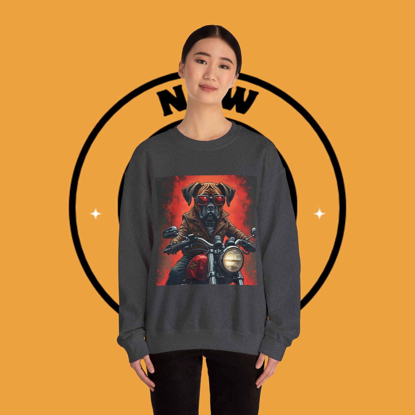 Biker Boxer Dog Crewneck Sweatshirt - Motorcycle Rebel Pup Design - Badass Pet Lover Style