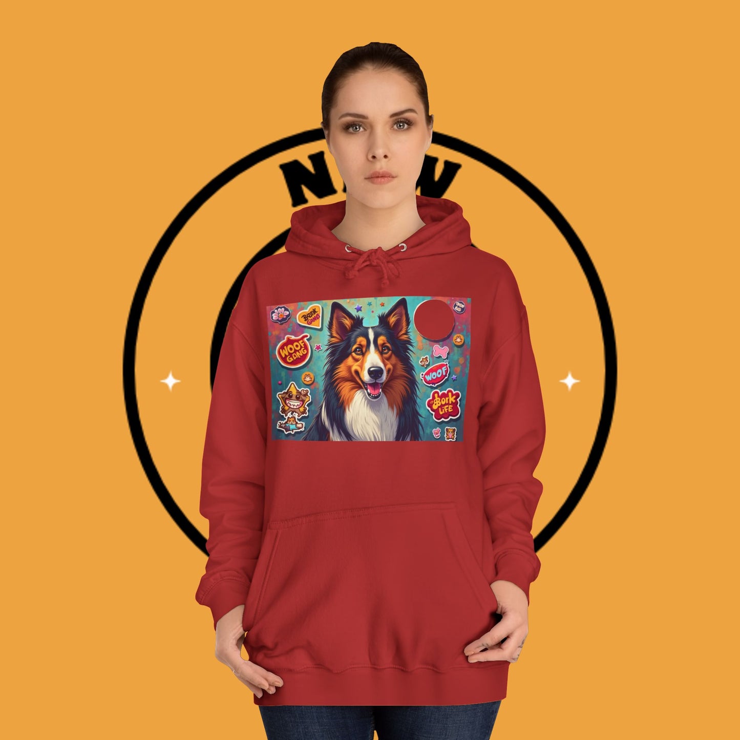 "Dog Sticker Pack Hoodie - Vibrant Collie with Fun Dog Patches Design | Millennial Pet Lover Streetwear"