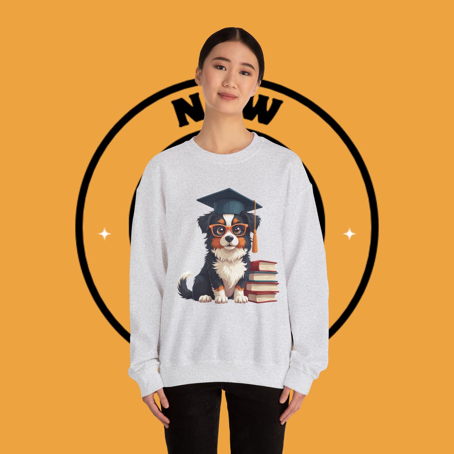 Graduation Dog Crewneck Sweatshirt - Smart Puppy Graduate Cap Books | Academic Achievement Gift