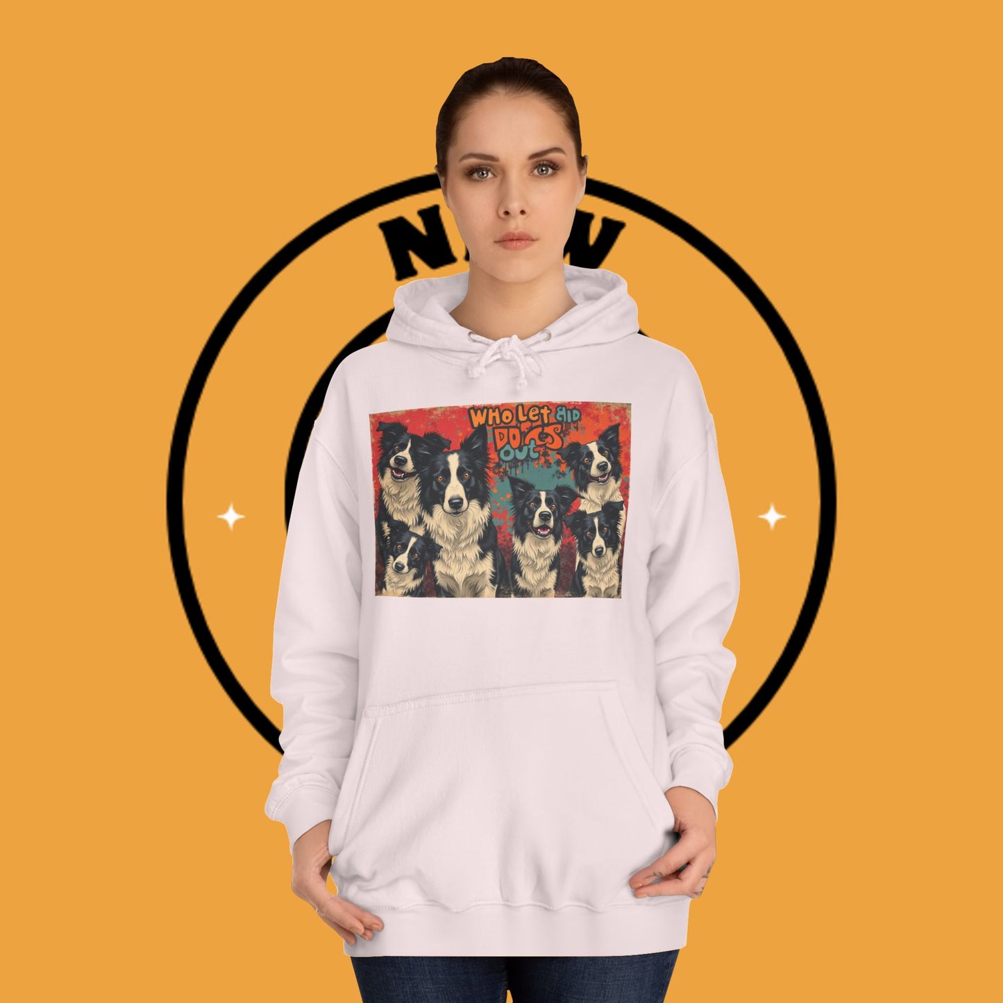 "Who Let the Dogs Out Border Collie Hoodie - Funny 90s Nostalgia Dog Pack Sweatshirt | Retro Music Design"