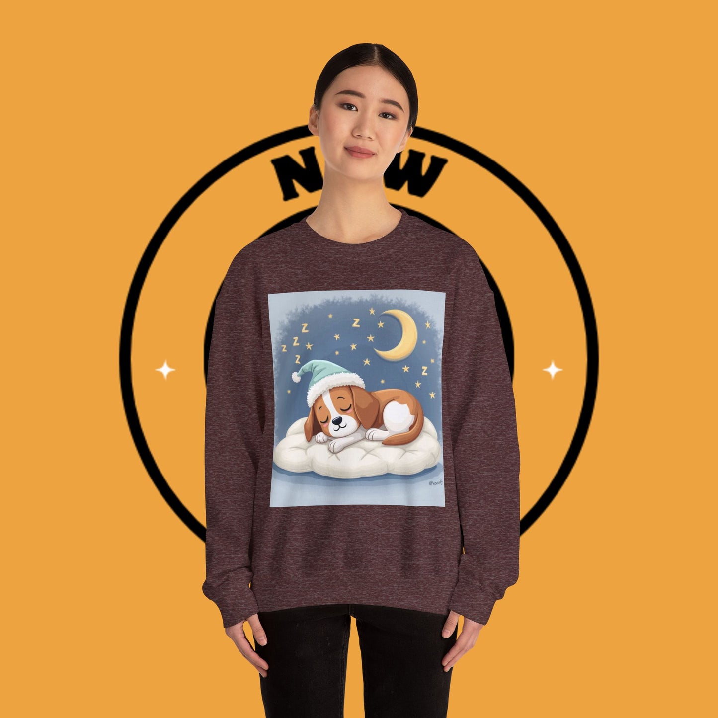 Sleeping Dog Crewneck Sweatshirt - Cute Beagle Design with Moon and Stars