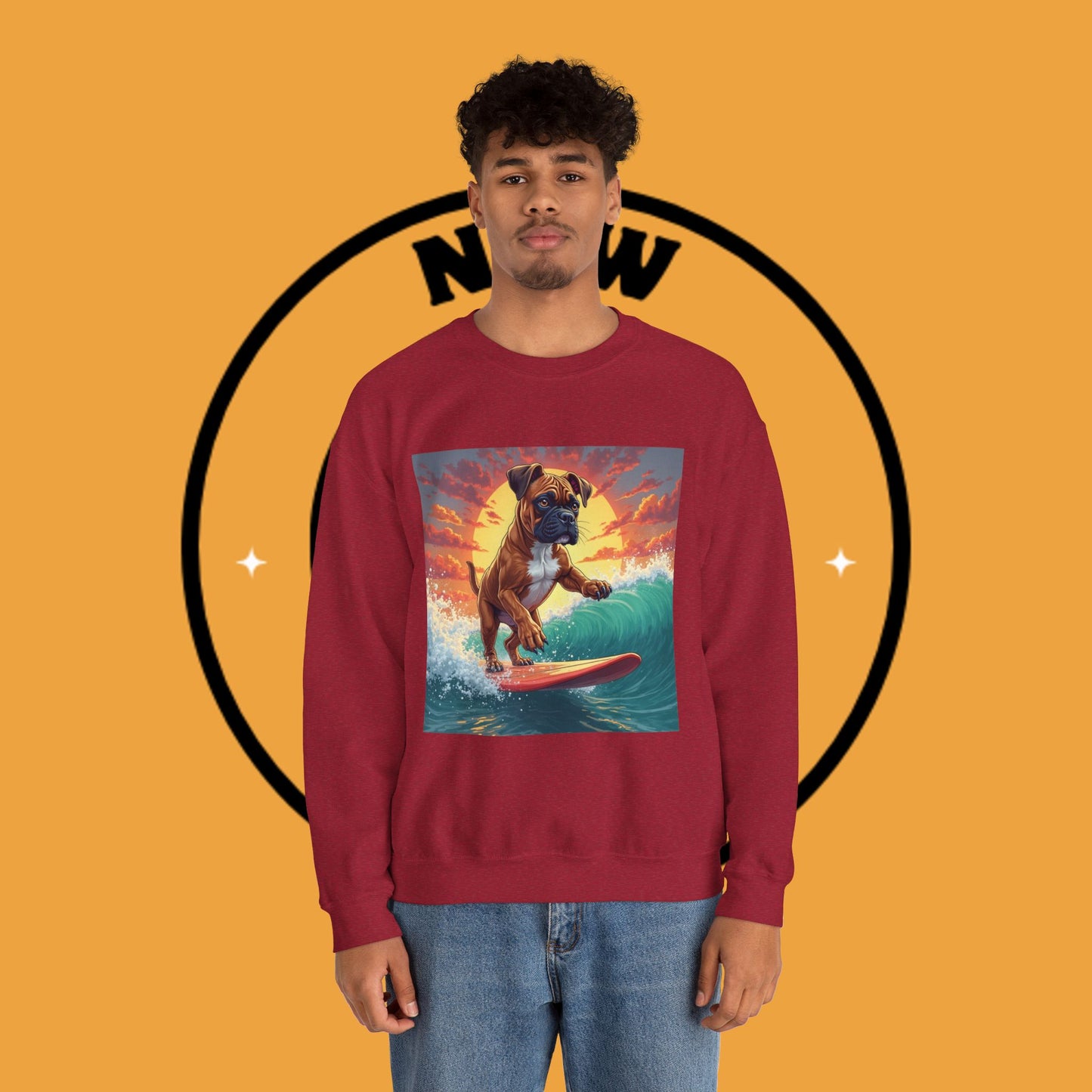 Surfing Boxer Dog Crewneck Sweatshirt | Funny Beach Surfer Gift | Epic Wave Riding Pup Design