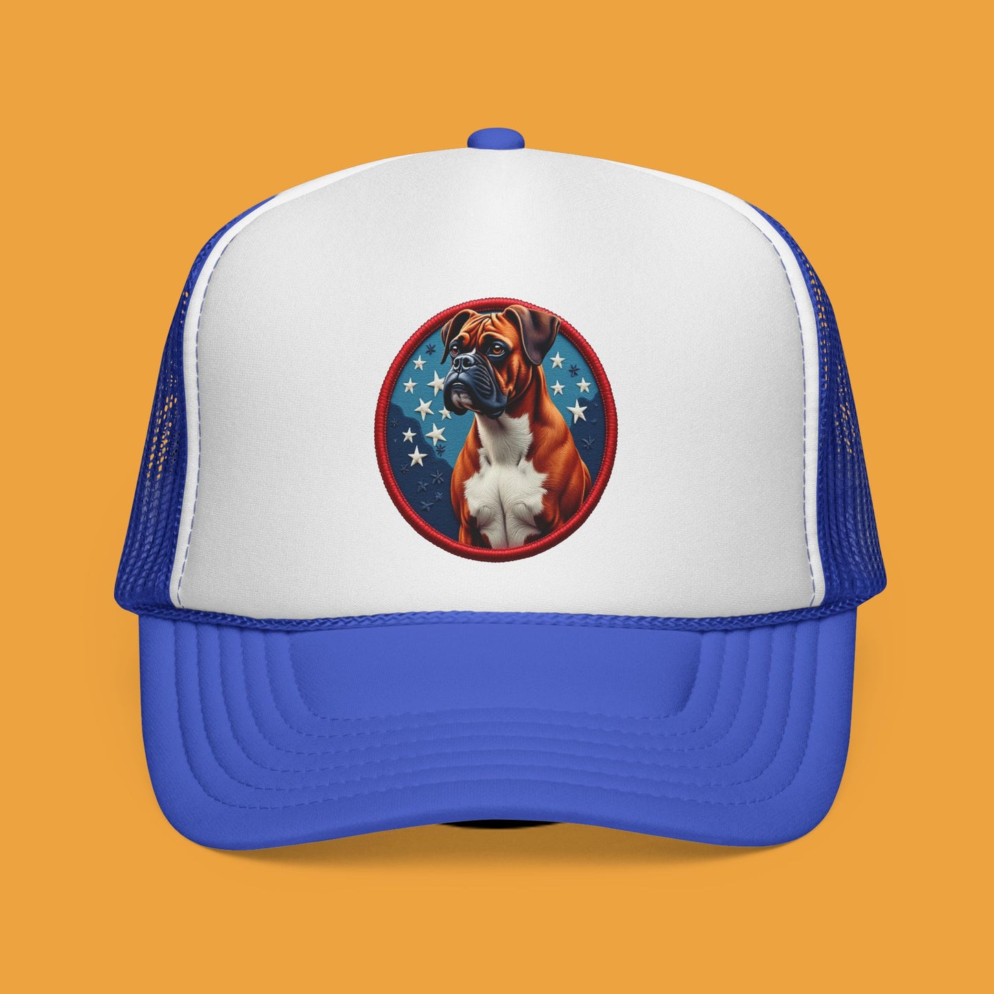 "Americana Boxer Dog Patch Trucker Cap - Patriotic Stars Design | USA Flag Colors Snapback Hat | Military Style Baseball Cap"