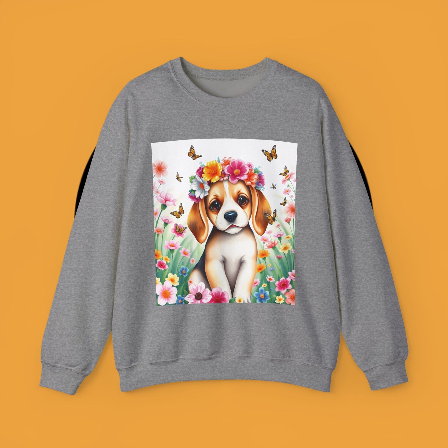 Flower Wreath Dog Crewneck Sweatshirt - Spring Beagle Design with Butterflies