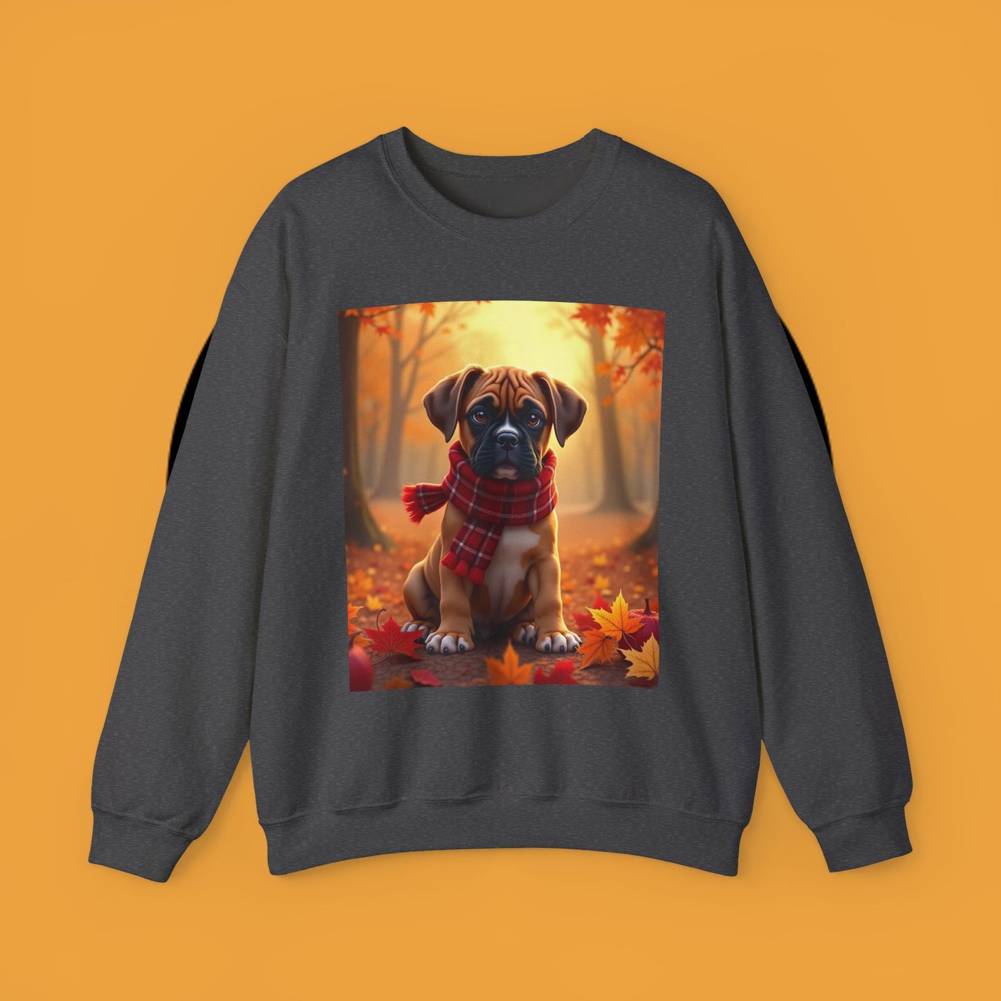 Cute Boxer Puppy Autumn Crewneck Sweatshirt | Fall Dog Lover Gift | Cozy Plaid Scarf Design