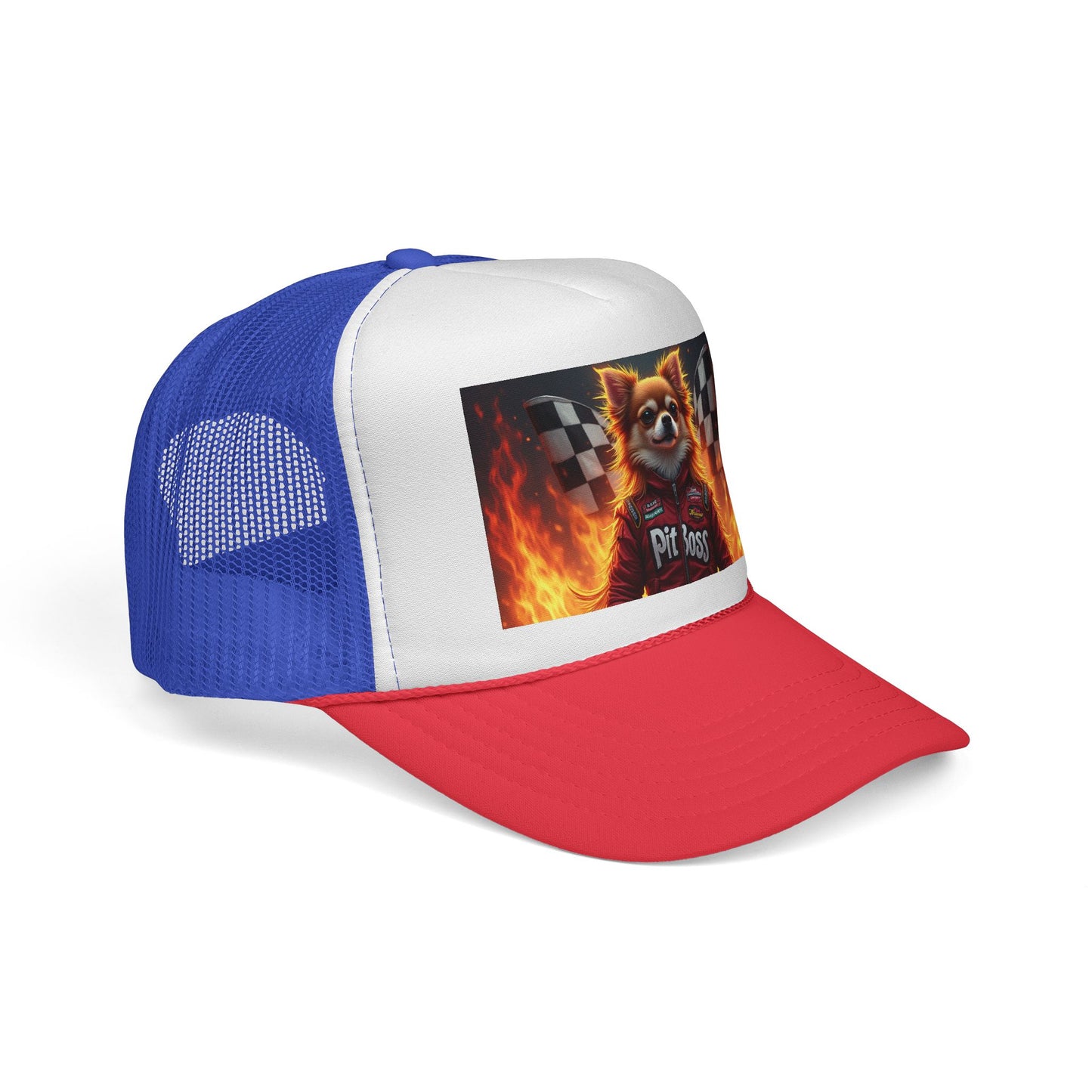 Pit Boss Chihuahua Racing Trucker Hat - Checkered Flag Fire Cap | Motorsports Dog Lover Speed Racing Baseball Hat