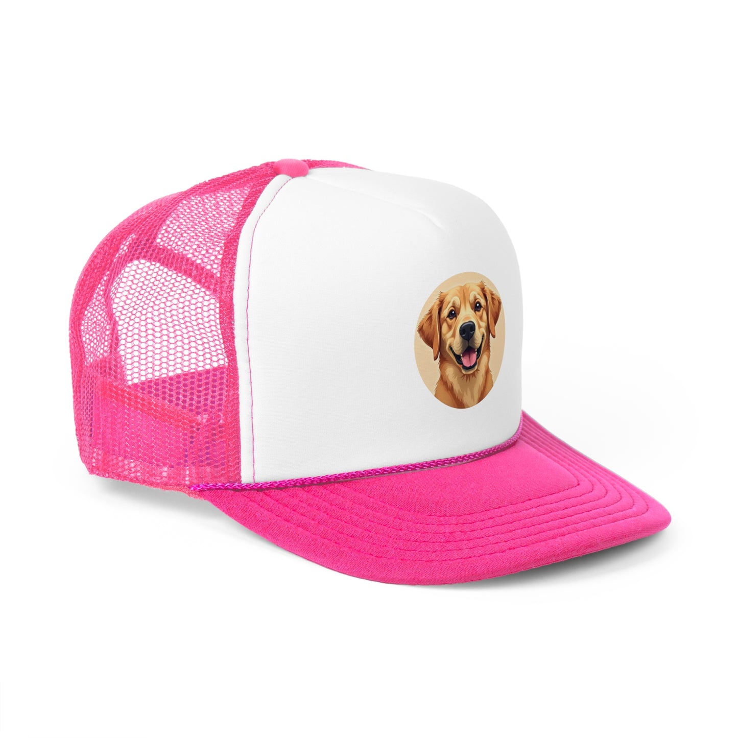 Happy Golden Retriever Trucker Cap - Circular Digital Illustration - Unisex Golden Cheerful Cap