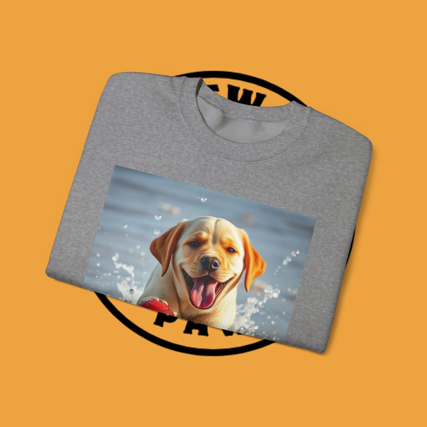 Unisex Dog Lover Crewneck Sweatshirt Labrador Puppy Playing with a Ball on the Beach - Photo of a Happy Dog Running in the Water