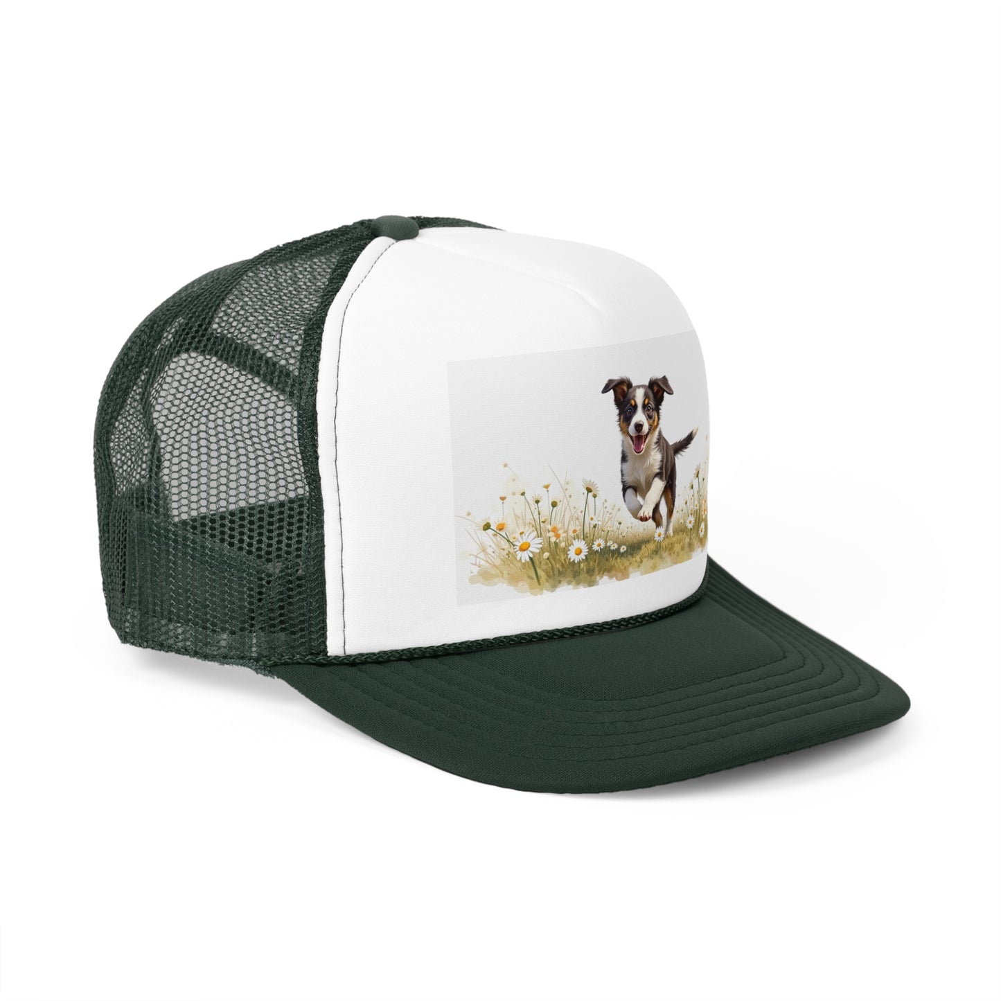 Happy Puppy in Daisies Trucker Hat - Joyful Dog Running Cap - Spring Meadow Baseball Hat