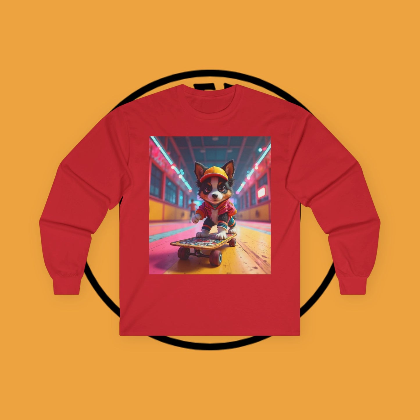 "Cool Skateboarding Puppy Long Sleeve Tee - Urban Street Art Dog Shirt - Cyberpunk Neon Skater Apparel"