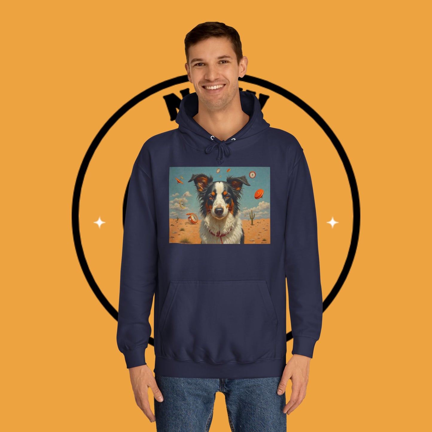 "Surreal Border Collie Time Desert Hoodie - Flying Clocks Artistic Dog Sweatshirt | Dreamlike Fantasy Design"
