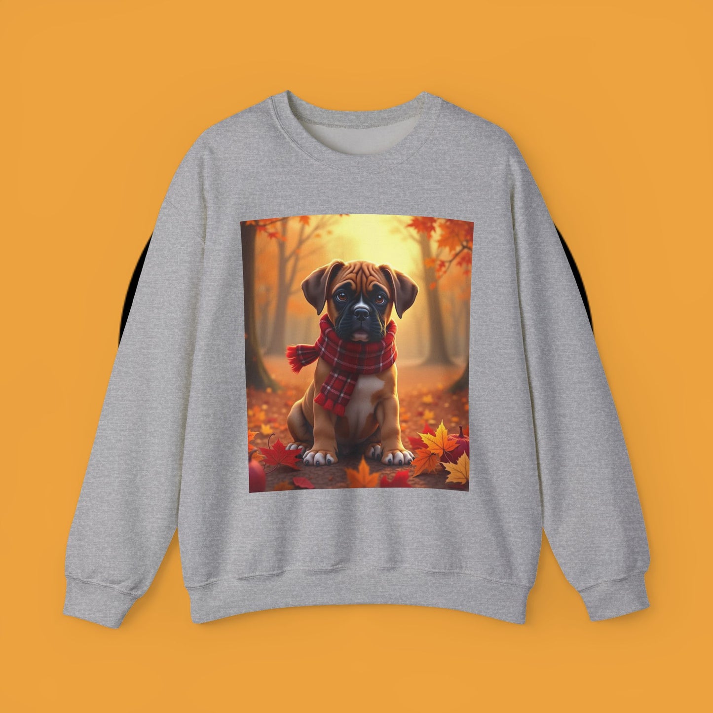Cute Boxer Puppy Autumn Crewneck Sweatshirt | Fall Dog Lover Gift | Cozy Plaid Scarf Design