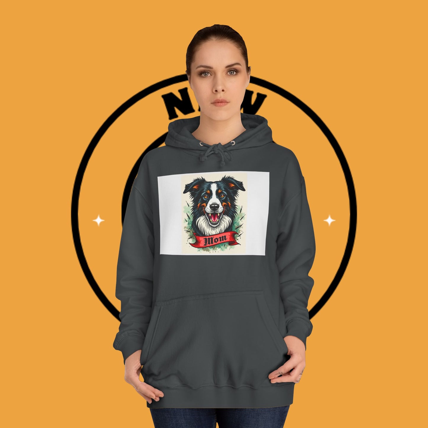 "Border Collie Mom Tattoo Style Hoodie - Vintage Dog Mother Banner Design Sweatshirt | Bold Statement Wear"