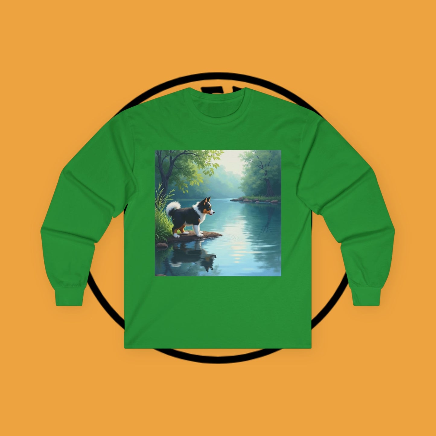 "Adorable Puppy by Tranquil Lake Long Sleeve Tee - Peaceful Nature Dog Art Shirt - Serene Landscape Apparel"