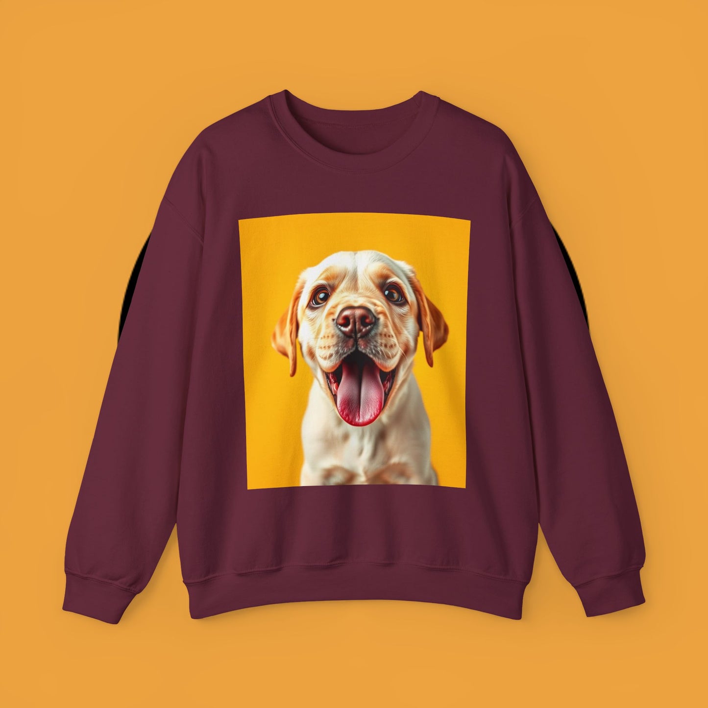 Unisex Dog Lover Crewneck Sweatshirt - Smiling Yellow Lab on vibrant yellow background