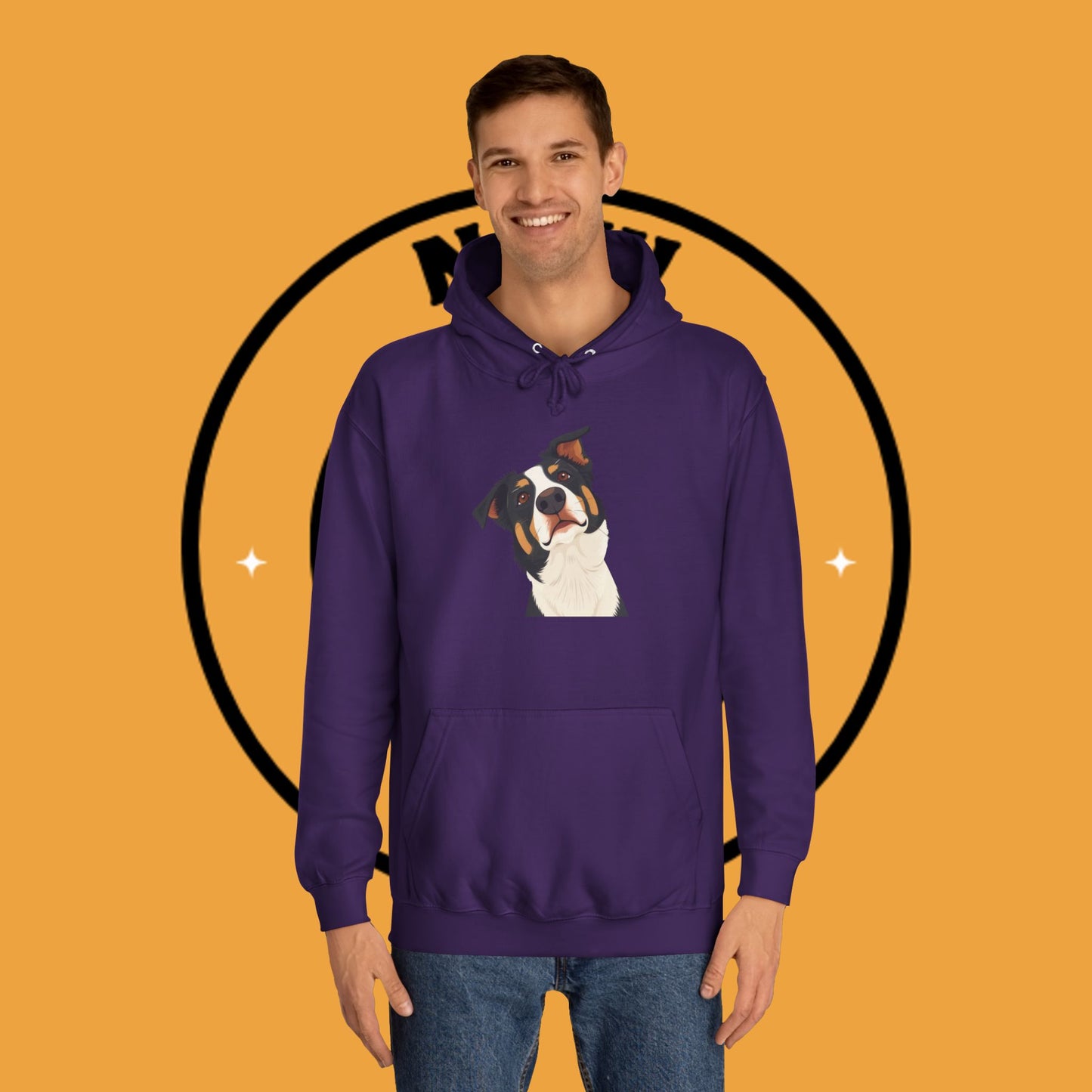 "Happy Border Collie Hoodie - Playful Cartoon Dog with Tilted Head Design | Cute Animal Streetwear"