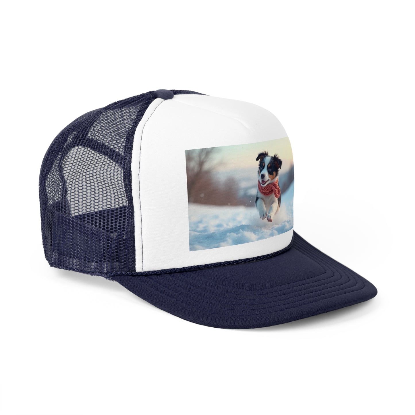 Winter Puppy Trucker Hat - Cozy Dog in Snow Cap - Adorable Scarf Puppy Baseball Hat