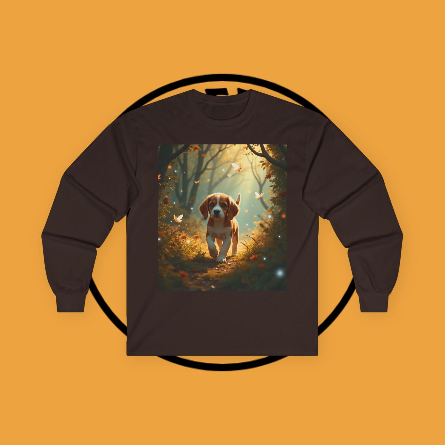 Magical Forest Beagle Puppy with Autumn Leaves and Butterflies Long Sleeve Tee