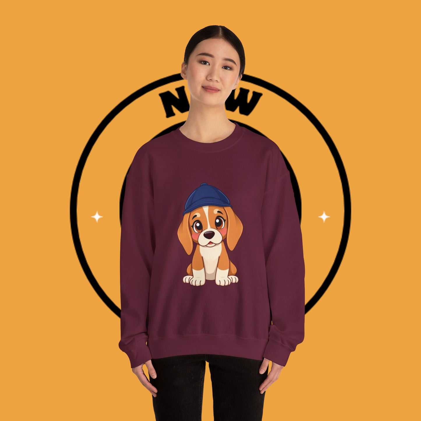 Beagle Puppy Crewneck Sweatshirt with Hat - Adorable Kawaii Dog Design