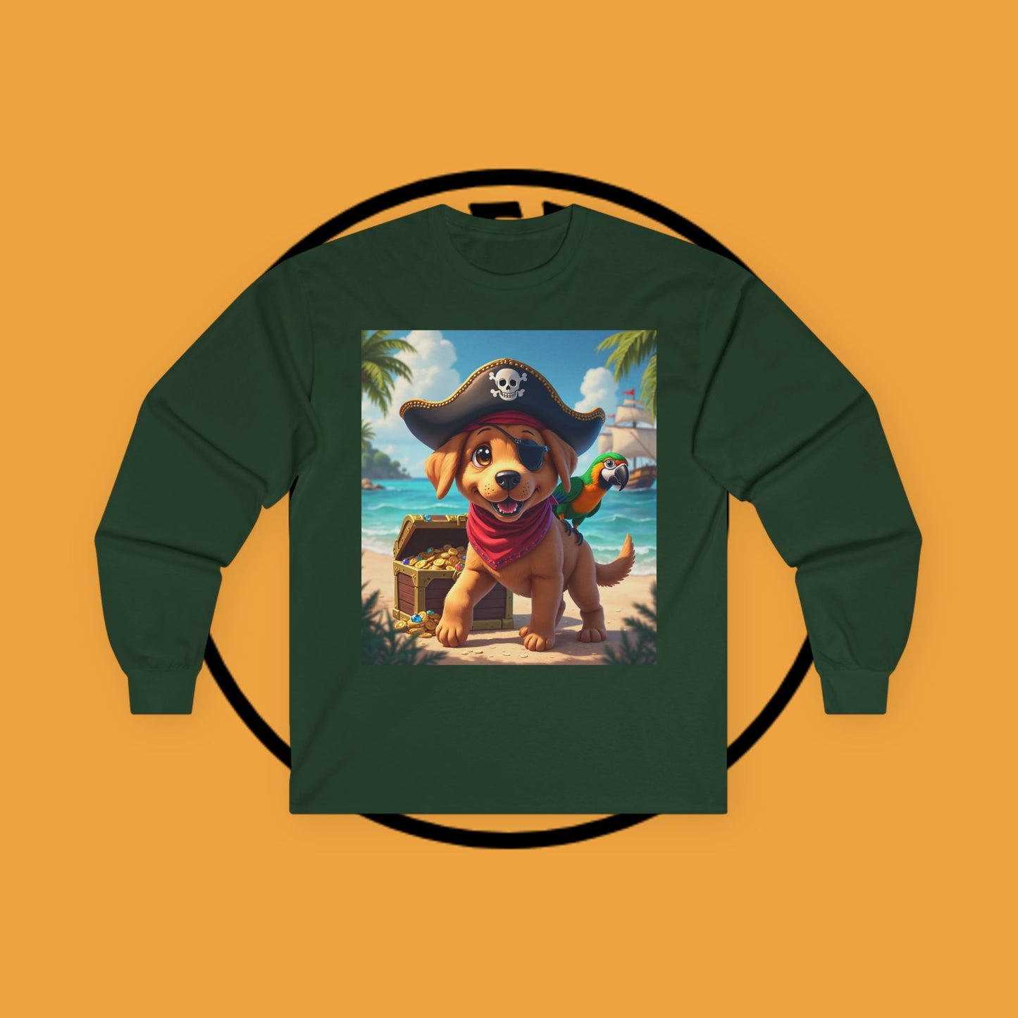 Adventurous Pirate Puppy Long Sleeve T-Shirt - Dog Design with Pirate Hat and Tropical Treasure Long Sleeve T-Shirt for Adventure Lovers π΄β οΈπ¦