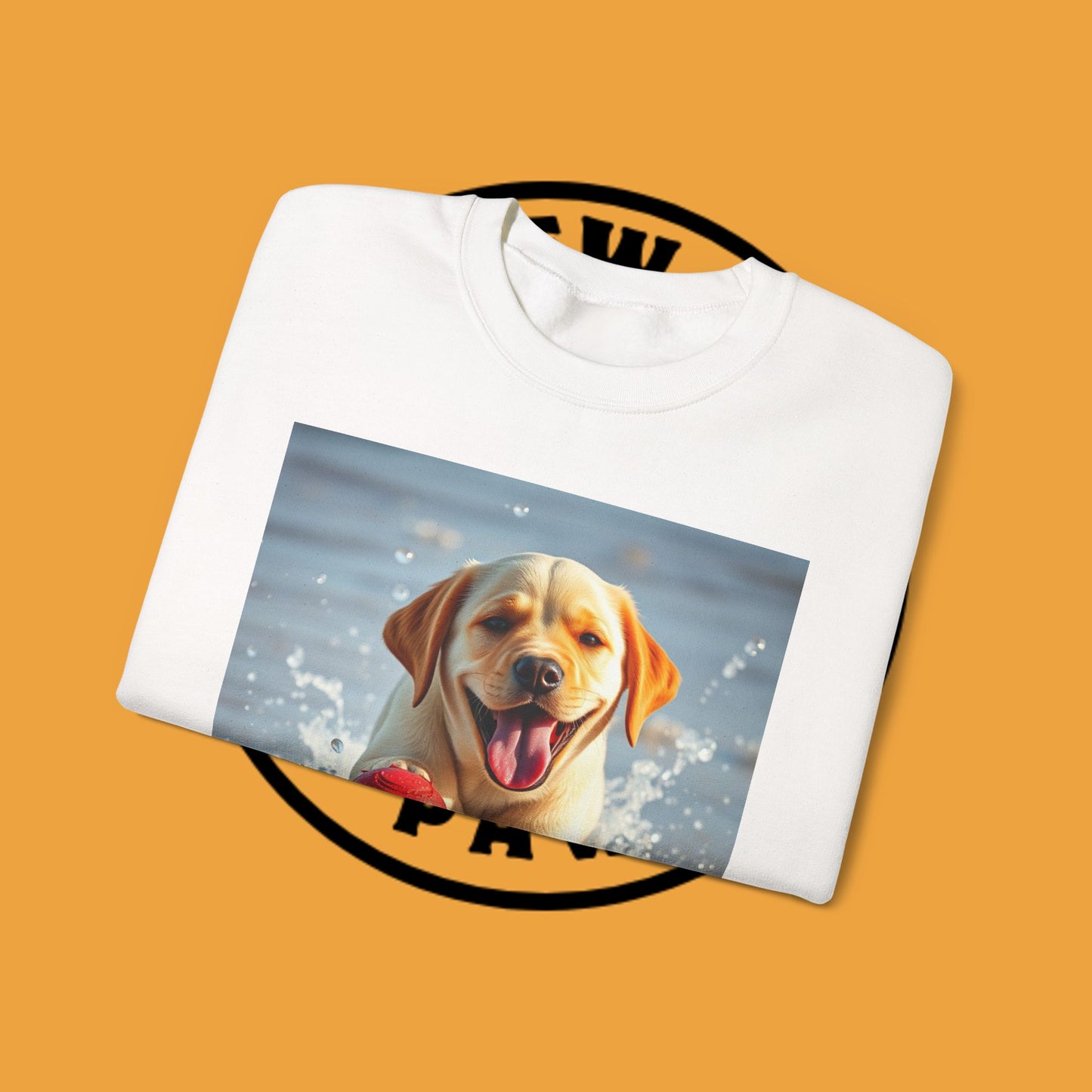 Unisex Dog Lover Crewneck Sweatshirt Labrador Puppy Playing with a Ball on the Beach - Photo of a Happy Dog Running in the Water