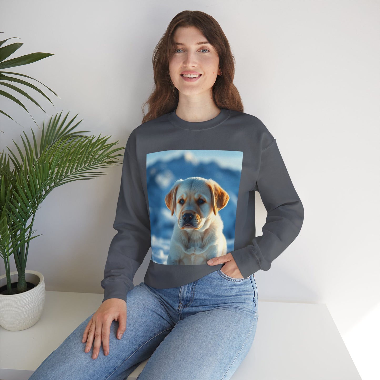 Crewneck Sweatshirt - Cute Labrador Puppy with Blue Eyes - Adorable Dog Portrait in Snow