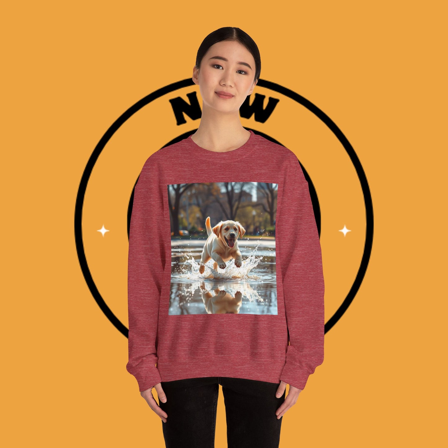 Unisex Dog Lover Crewneck Sweatshirt -Labrador Puppy Running in Water - Happy Dog Splashing in Puddle