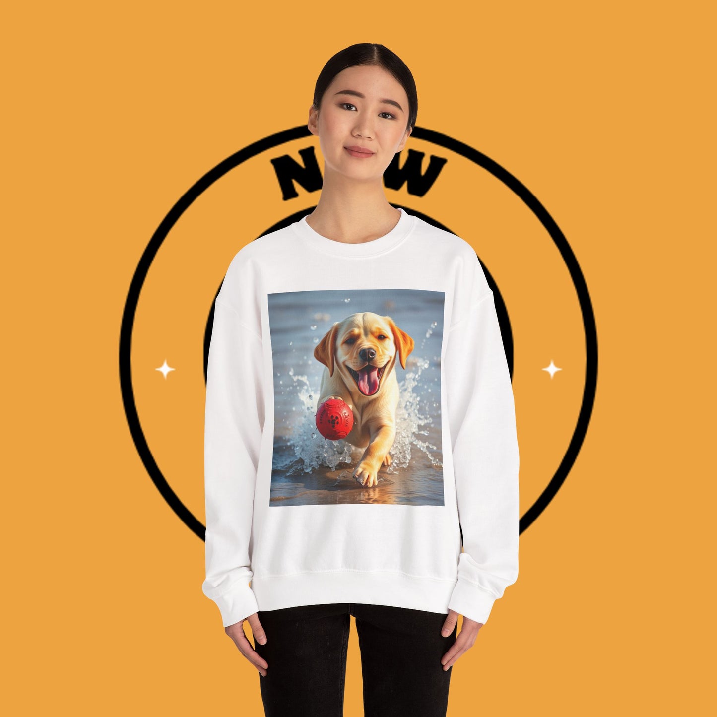 Unisex Dog Lover Crewneck Sweatshirt Labrador Puppy Playing with a Ball on the Beach - Photo of a Happy Dog Running in the Water