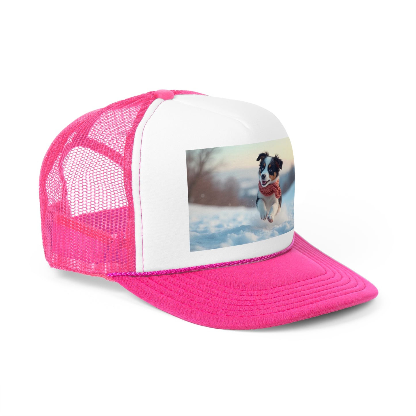 Winter Puppy Trucker Hat - Cozy Dog in Snow Cap - Adorable Scarf Puppy Baseball Hat