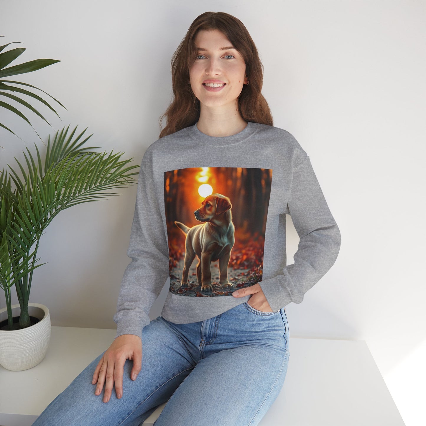 Crewneck Sweatshirt - Labrador Puppy in Autumn Forest with Golden Sunset Light Design