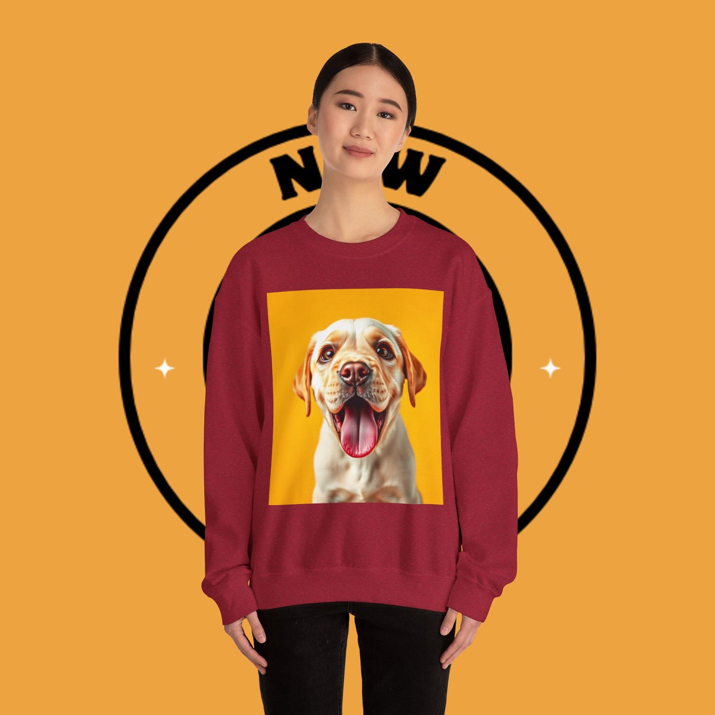 Unisex Dog Lover Crewneck Sweatshirt - Smiling Yellow Lab on vibrant yellow background